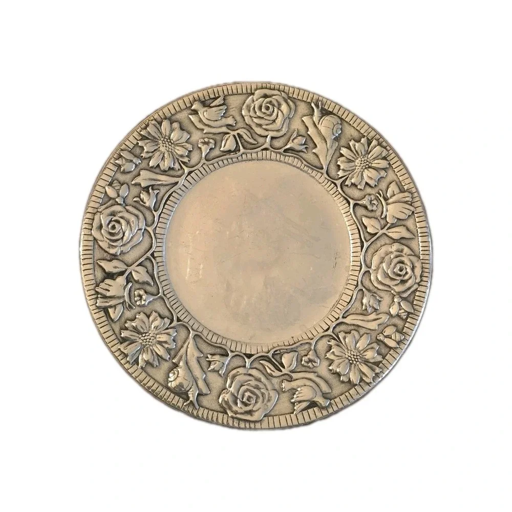 VTG 90s Wilton Armetale Garden Path Charger Plate Floral Bird Embossed Metal USA